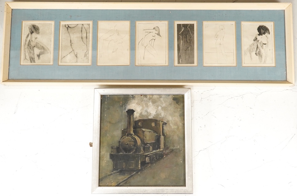 Bill Parrot, Set of seven etchings, Nude female studies, unsigned, framed as one, inscribed verso together with a small oil study of a locomotive, largest overall 16.5 x 56cm